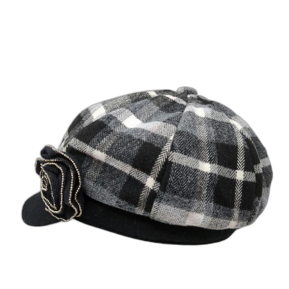 Angela & William Newsboy Cap Gray Black White One Size Wool Blend Flower Hat